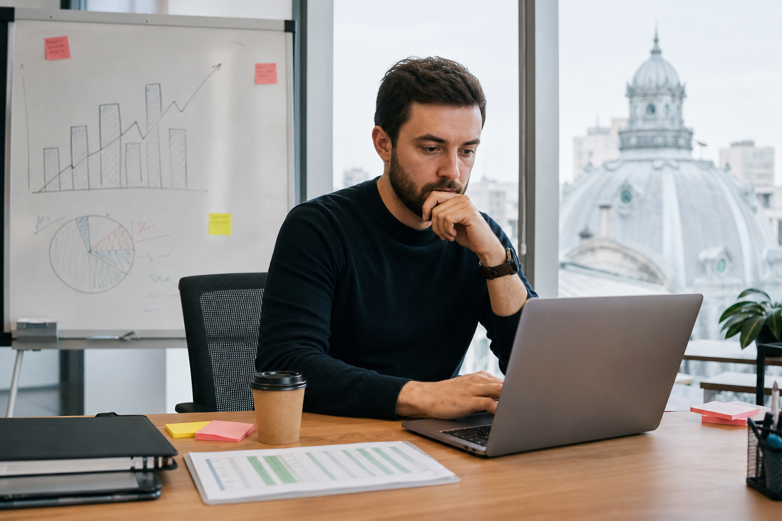Fondator român pregătind un investor update lunar pe laptop, cu metrici și note de fundraising