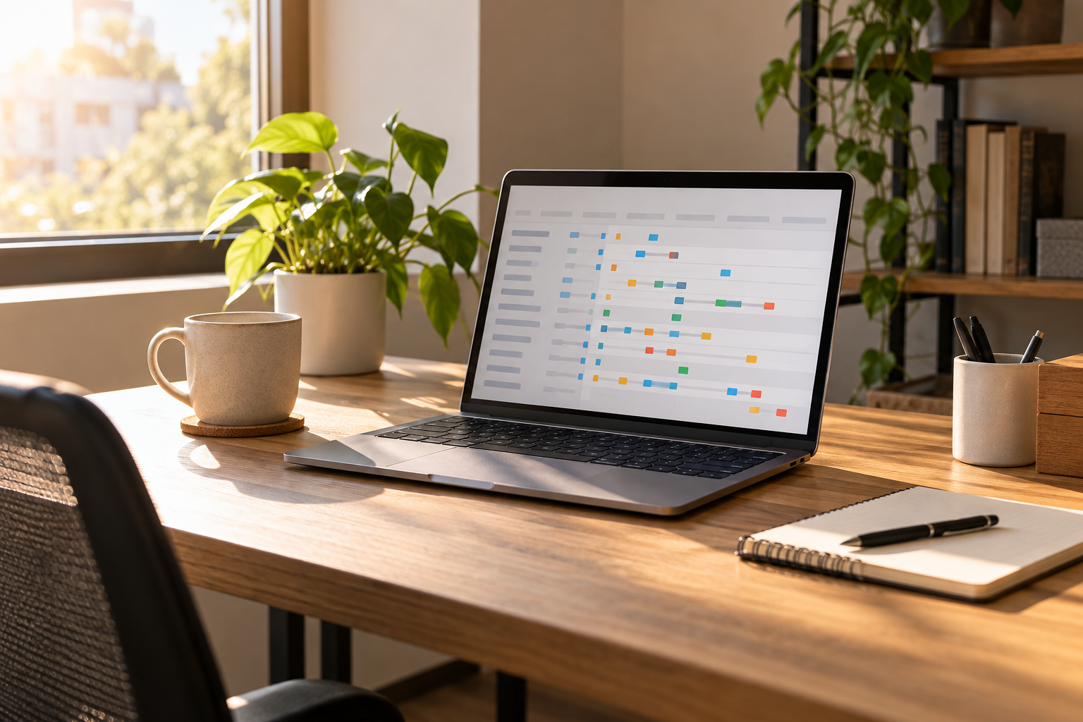 Birou de lucru gol cu laptop afișând un calendar abstract de evenimente fără text lizibil; imagine ilustrativă