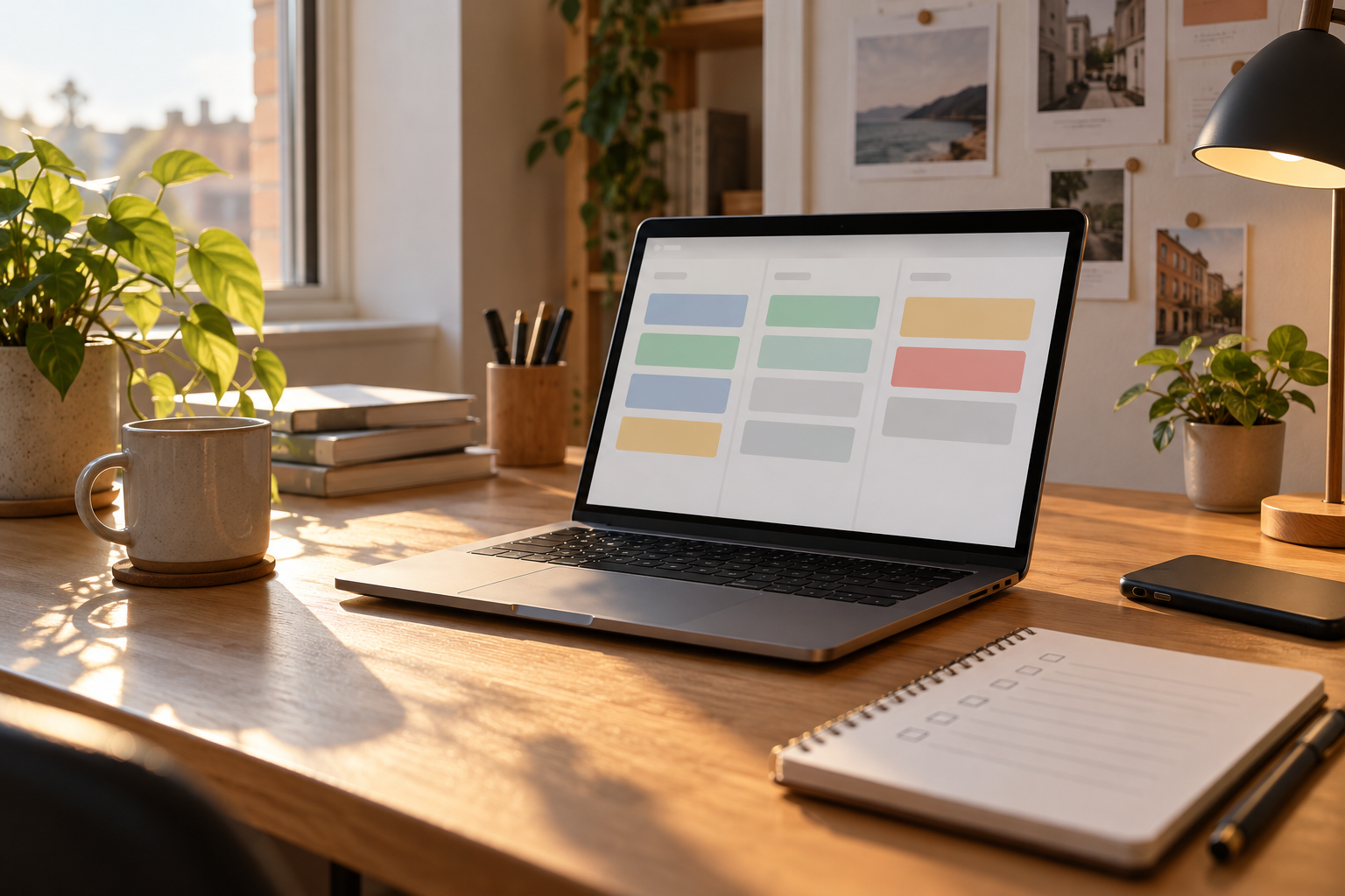 Laptop cu blocuri colorate abstracte pe ecran și caiet fără text, pe biroul unei echipe software; imagine ilustrativă