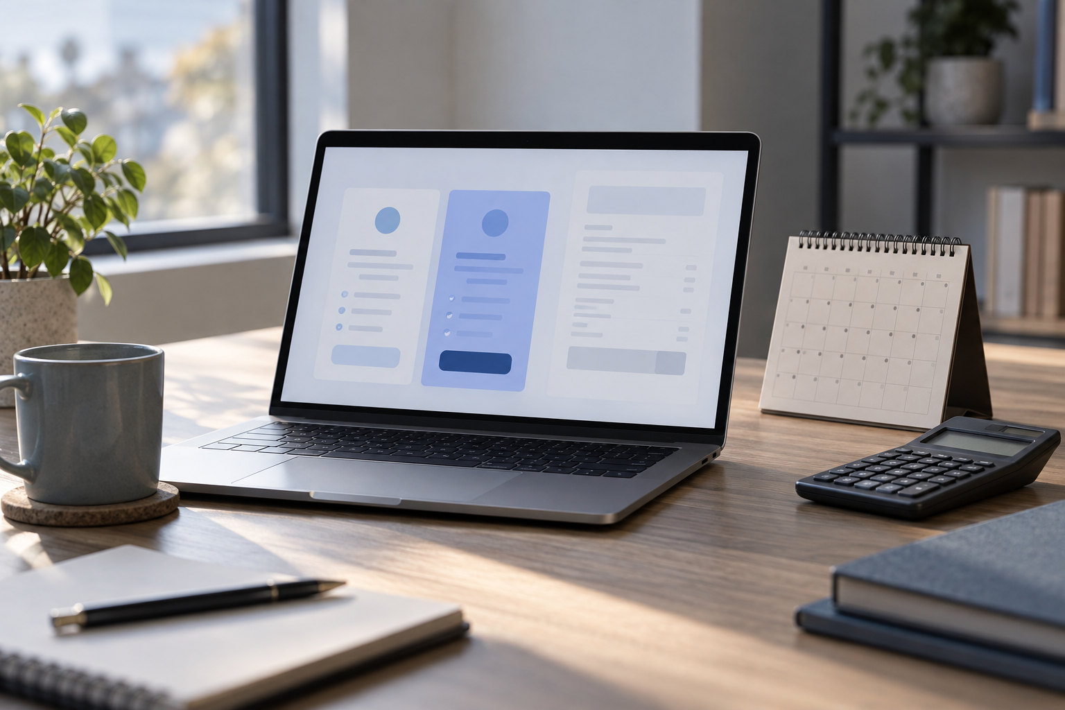 Laptop cu interfață abstractă de abonamente, calendar și calculator pe un birou; imagine ilustrativă
