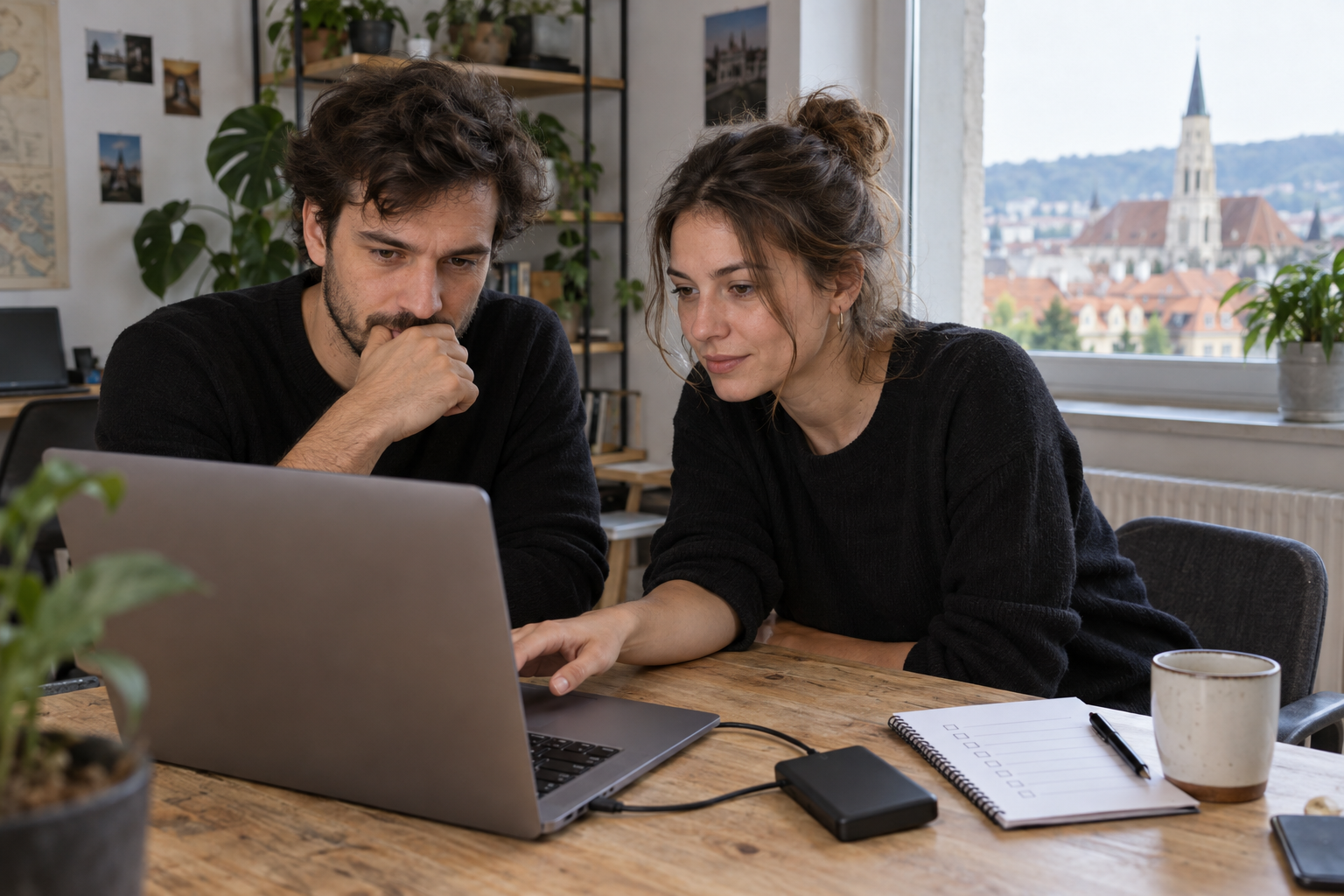 Doi fondatori verifică un laptop lângă un dispozitiv de stocare; imagine ilustrativă generată cu AI.